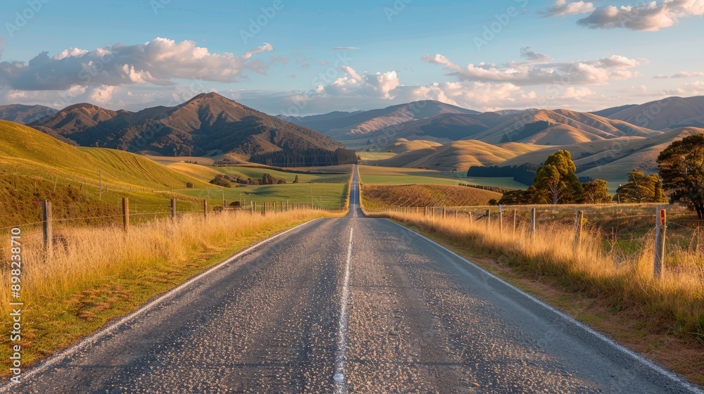 A lengthy, unoccupied road stretches through a field, surrounded by mountains in the distance, and featuring a fence in the foreground A lengthy, unoccupied road stretches through a field, surrounded by mountains in the distance, and featuring a fence in the foreground