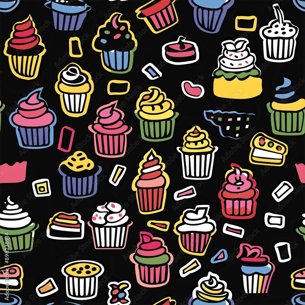 Seamless illustration of cupcakes and other confectionery useful on its own or as tiles to create a background Seamless illustration of cupcakes and other confectionery useful on its own or as tiles to create a background