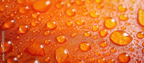 Detailed close up of water droplets on an orange toned background with a plastic PVC or grungy surface creating an abstract texture with bubbles resembling condensed pure water droplets on canvas lea