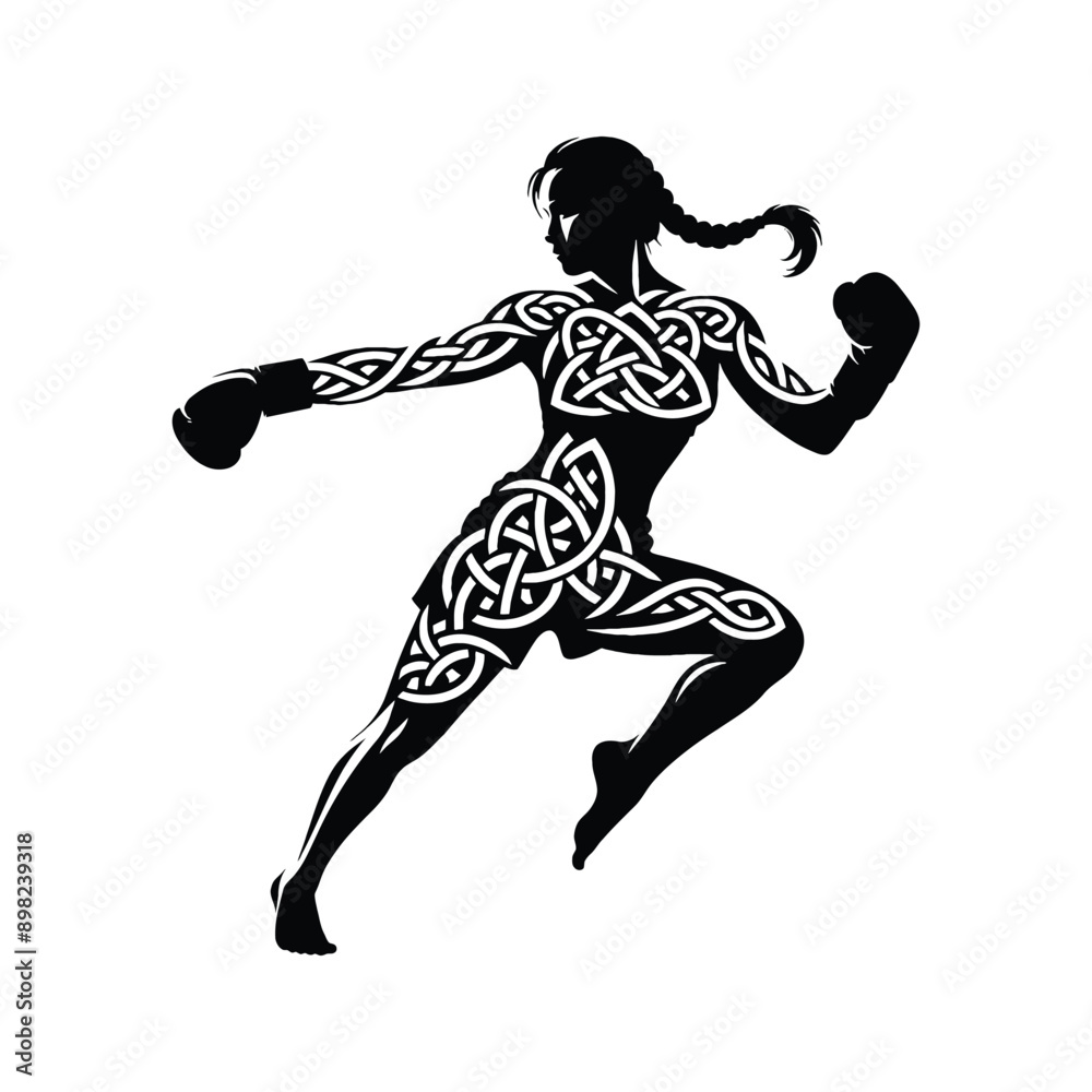 Boxing, Kickboxing   female player in celtic knot pattern illustration, emblem shield badge