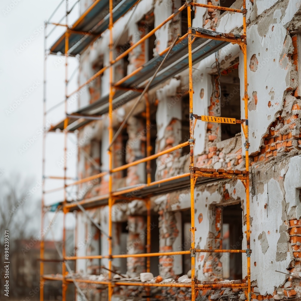 abandoned building under construction with scaffolding and damaged facade in winter. abandoned building under construction with scaffolding and damaged facade in winter.
