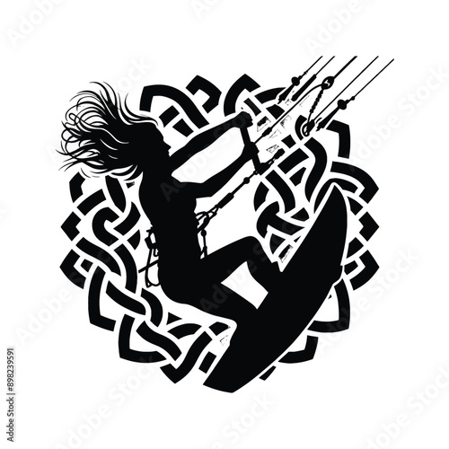 Kitesurfing, Wakeboarding   female player in celtic knot pattern illustration, emblem shield badge