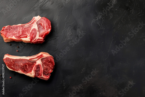 two raw steaks top view on a black background.