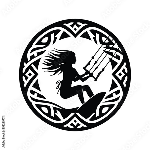 Kitesurfing, Wakeboarding   female player in celtic knot pattern illustration, emblem shield badge