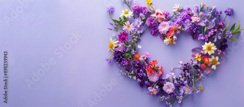 Flat lay composition featuring a lovely heart design crafted from various flowers set against a violet background with room for text in the copy space image photo