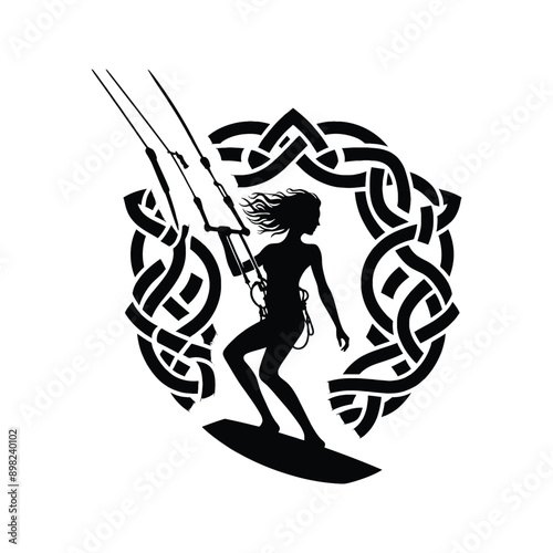 Kitesurfing, Wakeboarding   female player in celtic knot pattern illustration, emblem shield badge