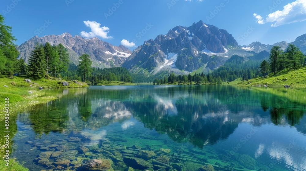 A mountain lake with crystal-clear water and emerald grass in the foreground, contrasted by a blue sky dotted with fluffy clouds in the background A mountain lake with crystal-clear water and emerald grass in the foreground, contrasted by a blue sky dotted with fluffy clouds in the background