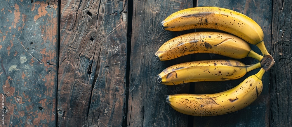 Bananas that are ripe placed on a wooden backdrop with ample copy space image available Bananas that are ripe placed on a wooden backdrop with ample copy space image available
