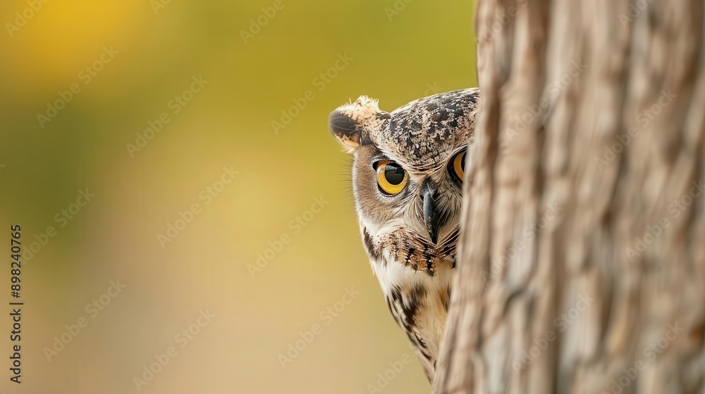 Obraz premium Close-up shot of an owl peeking from behind a tree with a blurred background. Perfect for nature and wildlife themes.