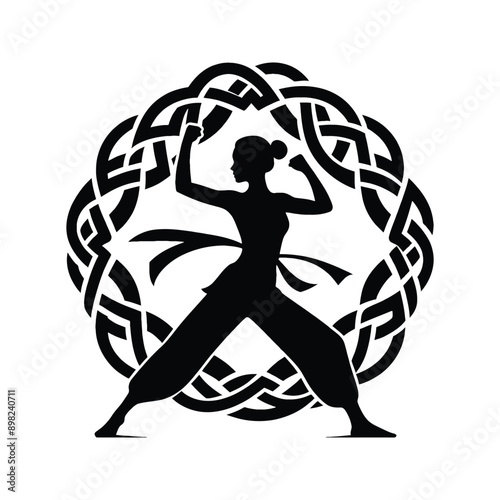 kungfu, Tai Chi  female player in celtic knot pattern illustration, emblem shield badge