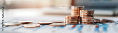 Closeup of stacks of coins and financial chart representing investment, savings, growth, and economic planning.