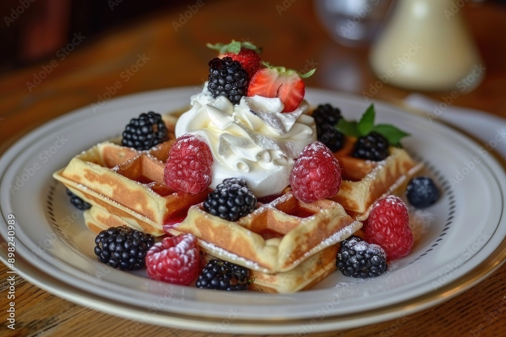 Delicious waffles with whipped cream and berries. Perfect for showcasing breakfast or brunch. Delicious waffles with whipped cream and berries. Perfect for showcasing breakfast or brunch.