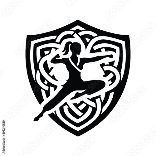 kungfu, Tai Chi  female player in celtic knot pattern illustration, emblem shield badge