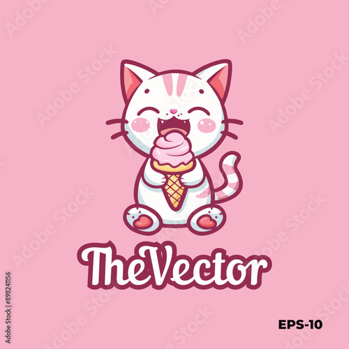 Cat eats ice cream logo, vector, mascot, character, cartoon, illustration