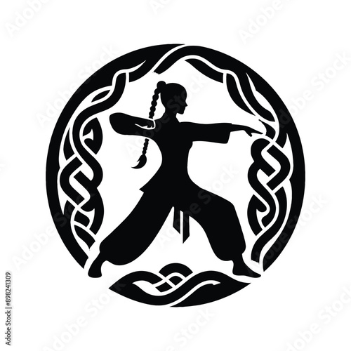 kungfu, Tai Chi  female player in celtic knot pattern illustration, emblem shield badge