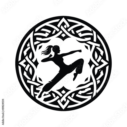 kungfu, Tai Chi  female player in celtic knot pattern illustration, emblem shield badge