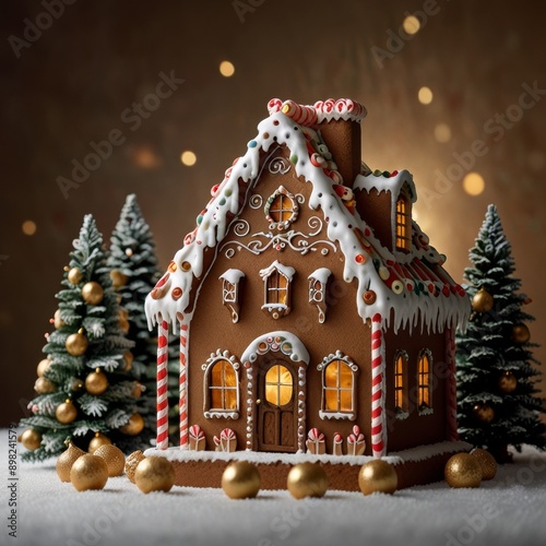 An artwork showing a gingerbread cottage, Cookie figurines with a sparkling Christmas tree behind it