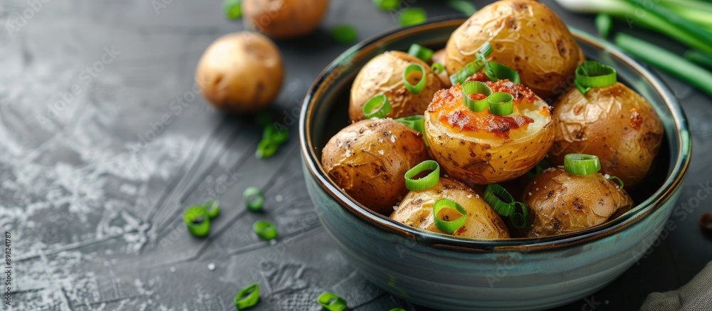 Delicious baked potato in a bowl with green onion on a bright background suitable as a copy space image Delicious baked potato in a bowl with green onion on a bright background suitable as a copy space image
