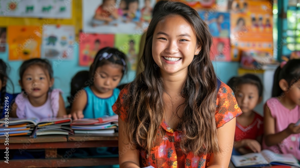 A woman smiles at the camera, seated before a classroom desk filled with books, surrounded by attentive children A woman smiles at the camera, seated before a classroom desk filled with books, surrounded by attentive children