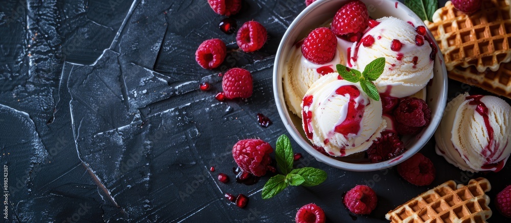 Delicious red fruits topping ice cream and waffles on a dark stone backdrop with copy space image available for text Delicious red fruits topping ice cream and waffles on a dark stone backdrop with copy space image available for text