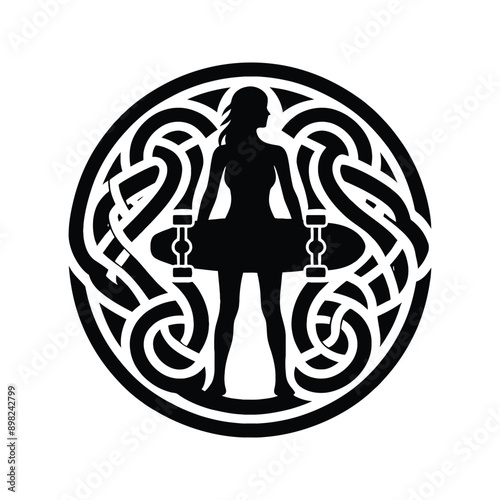 Skateboarding, longboarding  female player in celtic knot pattern illustration, emblem shield badge