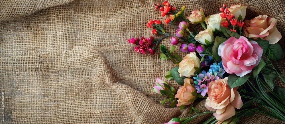 Artificial flowers artfully arranged on a rustic jute sackcloth background perfect for Easter themed postcards and designs with copy space image