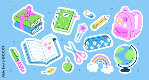 Back to school stickers set. School stationery scrapbooking collection. Backpack, notebooks, pen and other educational elements. Modern cartoon concept. Vector illustration.