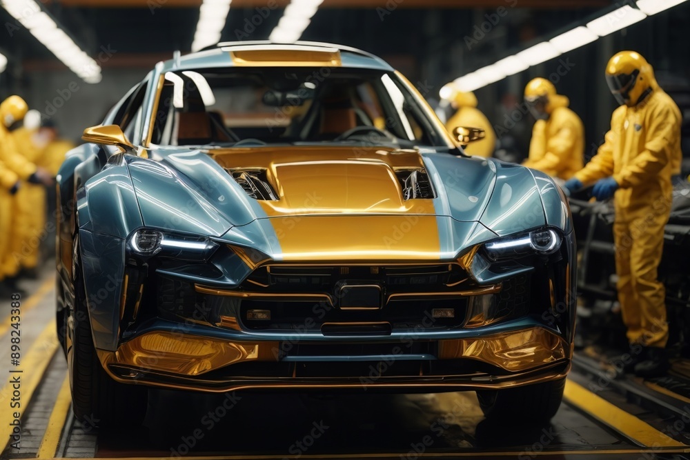 Machine on the production line. Car body assembly by robotic manipulators. Concept of automation of automotive production. AI generated Machine on the production line. Car body assembly by robotic manipulators. Concept of automation of automotive production. AI generated