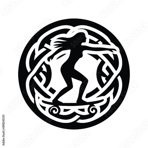 Skateboarding, longboarding  female player in celtic knot pattern illustration, emblem shield badge
