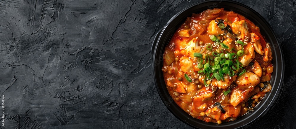 Delicious Korean meal featuring cheese takkalbi chicken and sticky rice cake stir fried in chili sauce shown in a copy space image Delicious Korean meal featuring cheese takkalbi chicken and sticky rice cake stir fried in chili sauce shown in a copy space image