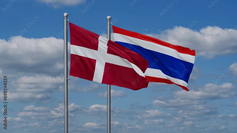 Kingdom of Thailand and Denmark flags flying together, video concept of the relationship, two country cooperation concept Kingdom of Thailand and Denmark flags flying together, video concept of the relationship, two country cooperation concept