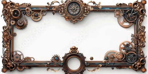 rectangular frame in Baroque steampunk style, fantasy of gears, details of mechanisms on a white background, mockup