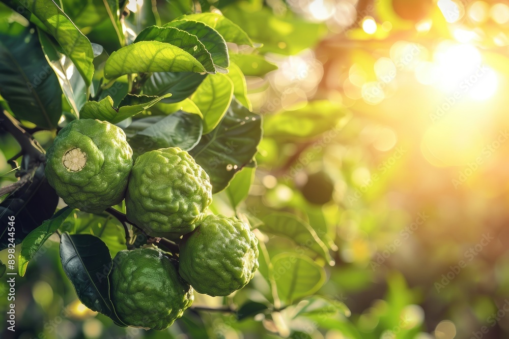 Bergamot fruits on a tree branch. The photo captures the fresh and natural beauty of bergamot, showcasing its unique texture and vibrant green color, perfect for beauty or food-related projects. Bergamot fruits on a tree branch. The photo captures the fresh and natural beauty of bergamot, showcasing its unique texture and vibrant green color, perfect for beauty or food-related projects.