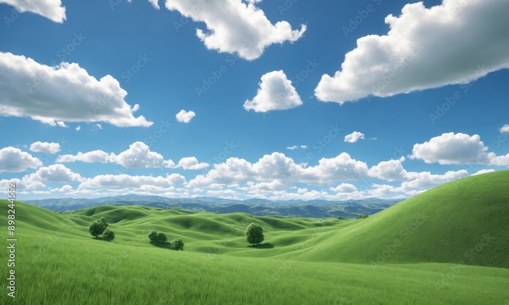 Green grass field with rolling hills under a clear blue sky with puffy white clouds Green grass field with rolling hills under a clear blue sky with puffy white clouds