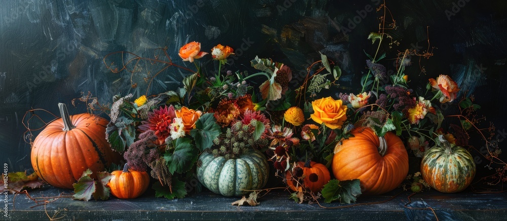 A beautiful arrangement of autumnal pumpkins and flowers with copy space image A beautiful arrangement of autumnal pumpkins and flowers with copy space image
