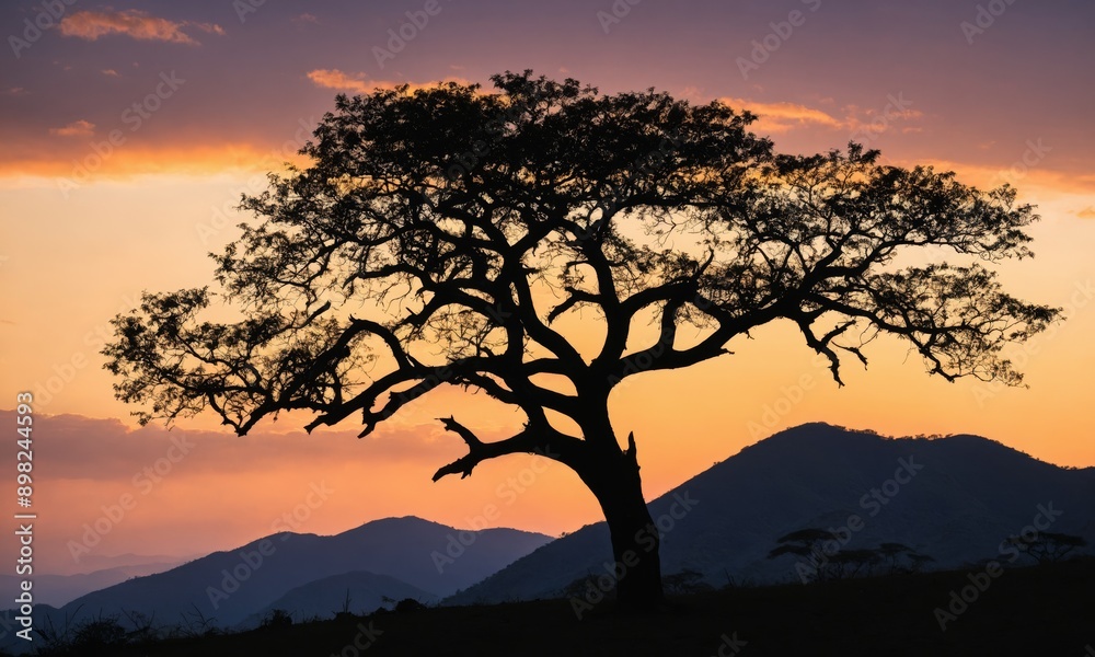 Fototapeta premium Silhouette of a tree at sunset with mountains in the background