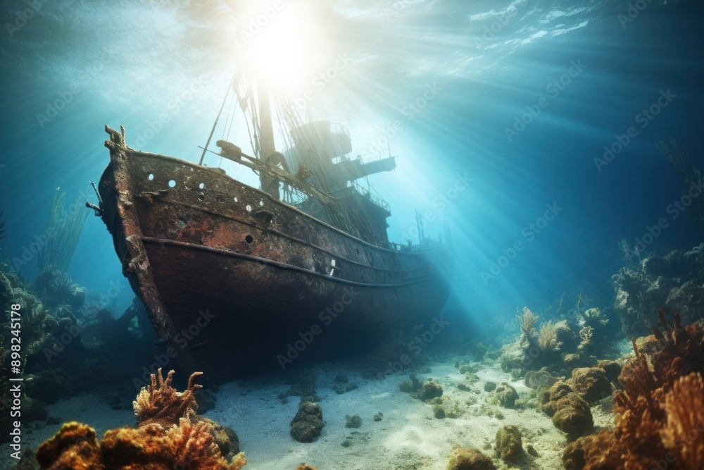 Fototapeta premium Shipwreck underwater outdoors vehicle.
