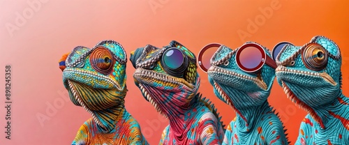 Obraz na płótnie Colorful Chameleons Wearing Sunglasses w salonie
