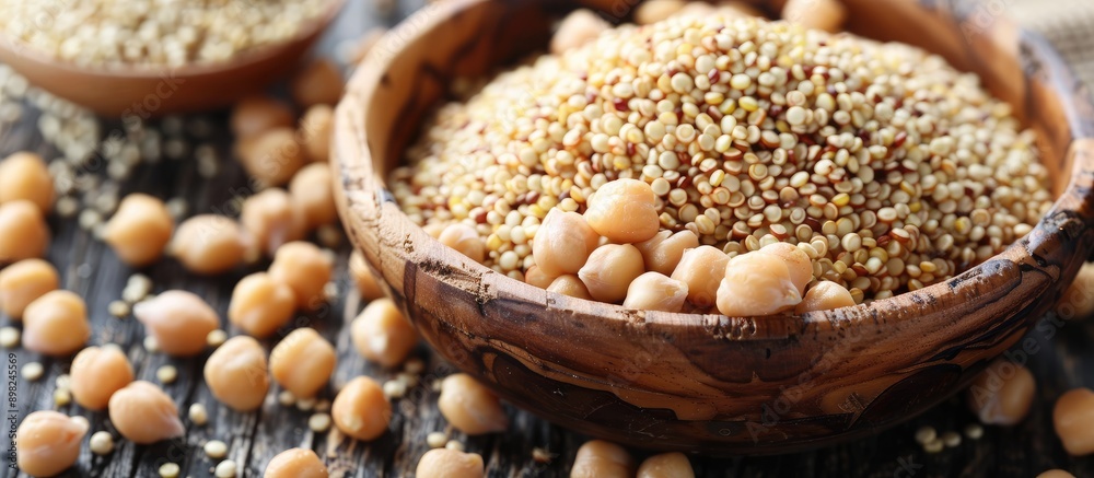 A close up image featuring a superfood recipe background with quinoa and chickpeas perfect for a copy space image A close up image featuring a superfood recipe background with quinoa and chickpeas perfect for a copy space image