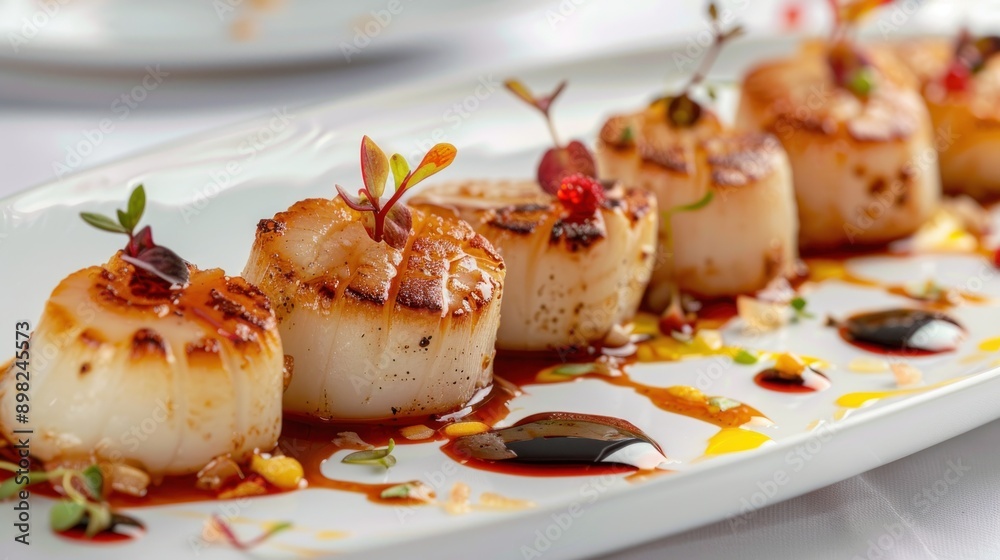 Photograph of scallops in various sauces served on an isolated plate on a table ready to eat. on a white background Photograph of scallops in various sauces served on an isolated plate on a table ready to eat. on a white background