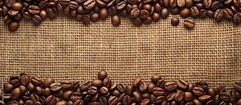 A burlap background featuring coffee beans with a clear space for text or image. Creative banner. Copyspace image
