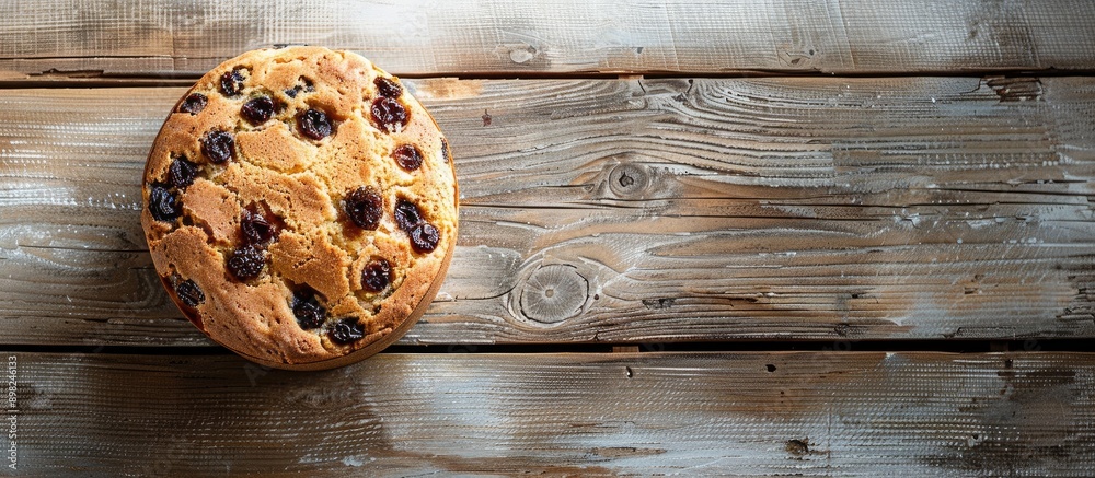 Close up rustic image of a tasty homemade cake with raisins on a light wooden surface perfect for communication materials with empty space for text. Creative banner. Copyspace image Close up rustic image of a tasty homemade cake with raisins on a light wooden surface perfect for communication materials with empty space for text. Creative banner. Copyspace image