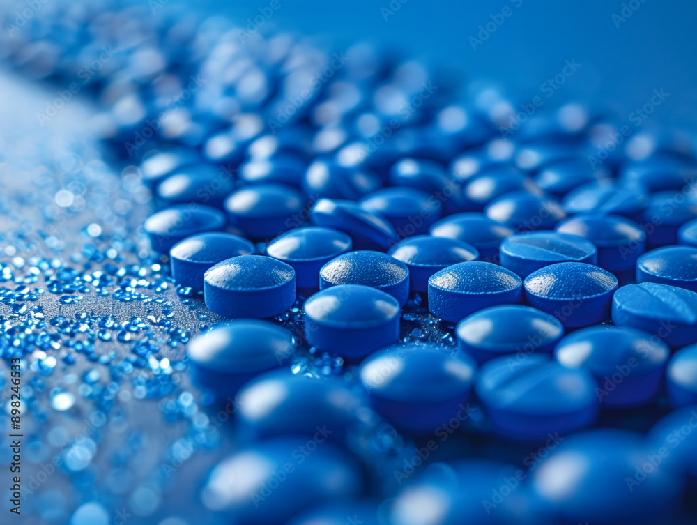 A stream of blue medicinal capsules pouring onto a matching background A stream of blue medicinal capsules pouring onto a matching background