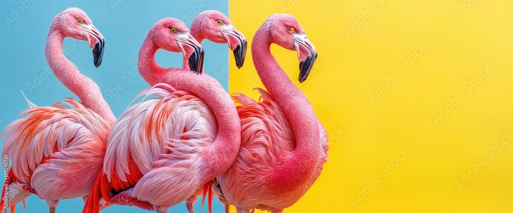 Obraz premium Three Flamingos Against Blue and Yellow Background