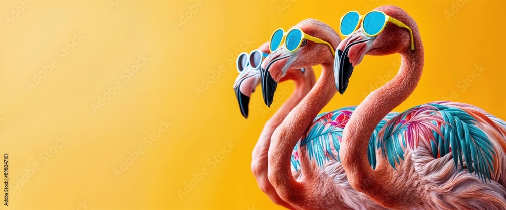 Three Flamingos Wearing Sunglasses