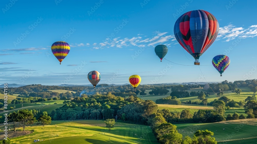 Fototapeta premium Hot Air Balloons Flying Over Lush Green Hills.