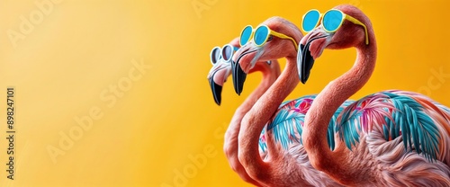 Obraz na płótnie Three Flamingos Wearing Sunglasses w salonie