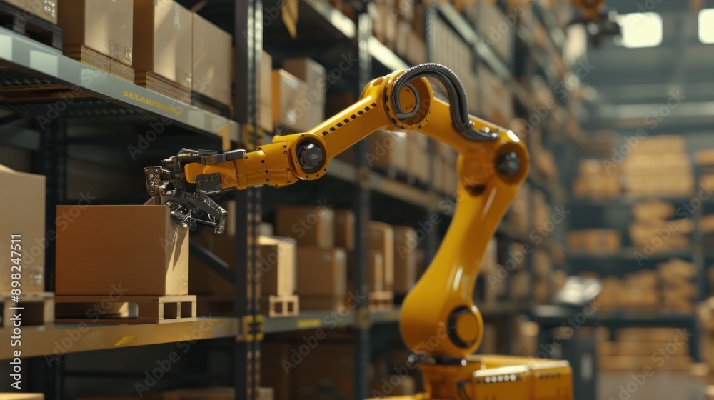 Robotic arm picks up cardboard boxes in warehouse Automated robot arm in warehouse. 3D illustration Robotic arm picks up cardboard boxes in warehouse Automated robot arm in warehouse. 3D illustration
