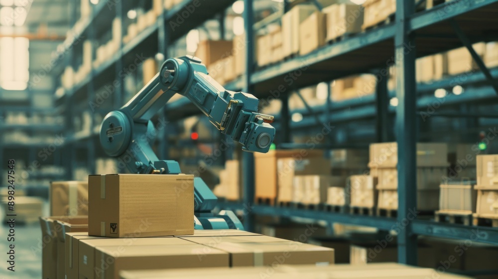 Robotic arm picks up cardboard boxes in warehouse Automated robot arm in warehouse. 3D illustration Robotic arm picks up cardboard boxes in warehouse Automated robot arm in warehouse. 3D illustration