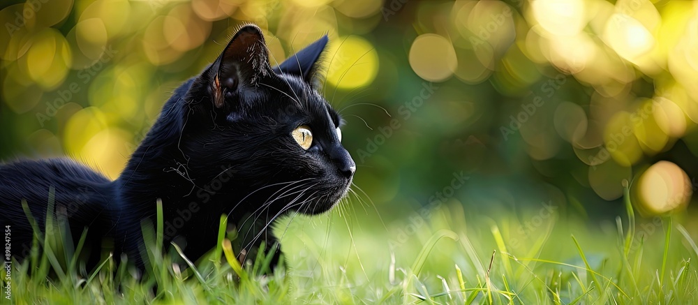 A black cat with striking yellow eyes stands in profile amidst lush ...